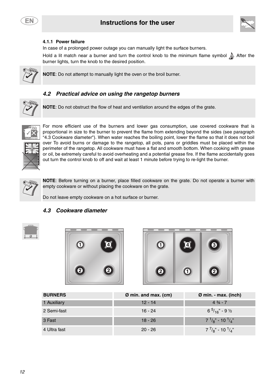 1 power failure, 2 practical advice on using the rangetop burners, 3 cookware diameter | Instructions for the user | Smeg C6GGXU User Manual | Page 10 / 22