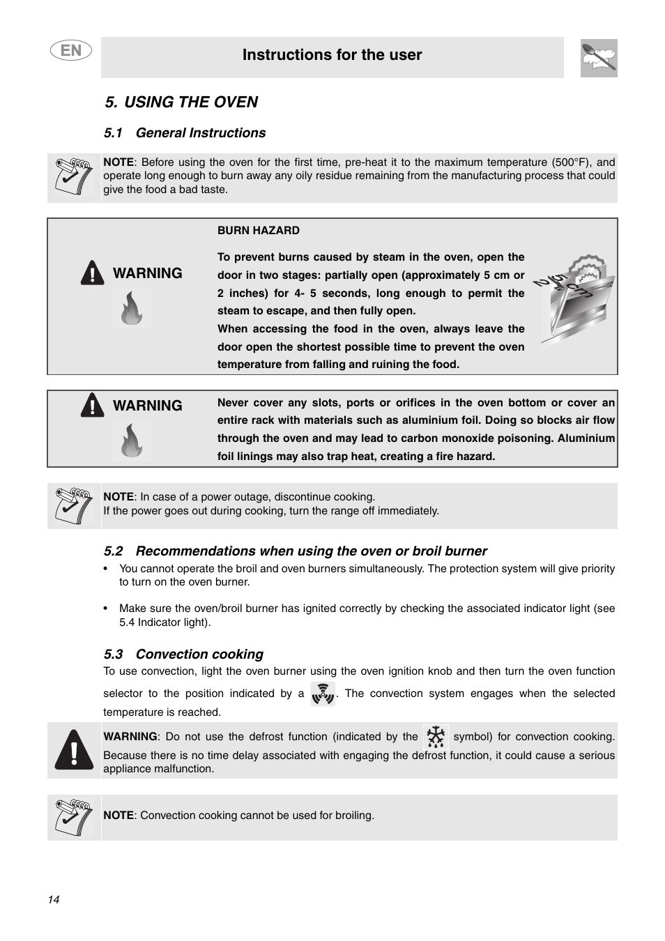 Using the oven, 1 general instructions, 3 convection cooking | Instructions for the user, Warning | Smeg C6GGXU User Manual | Page 12 / 22