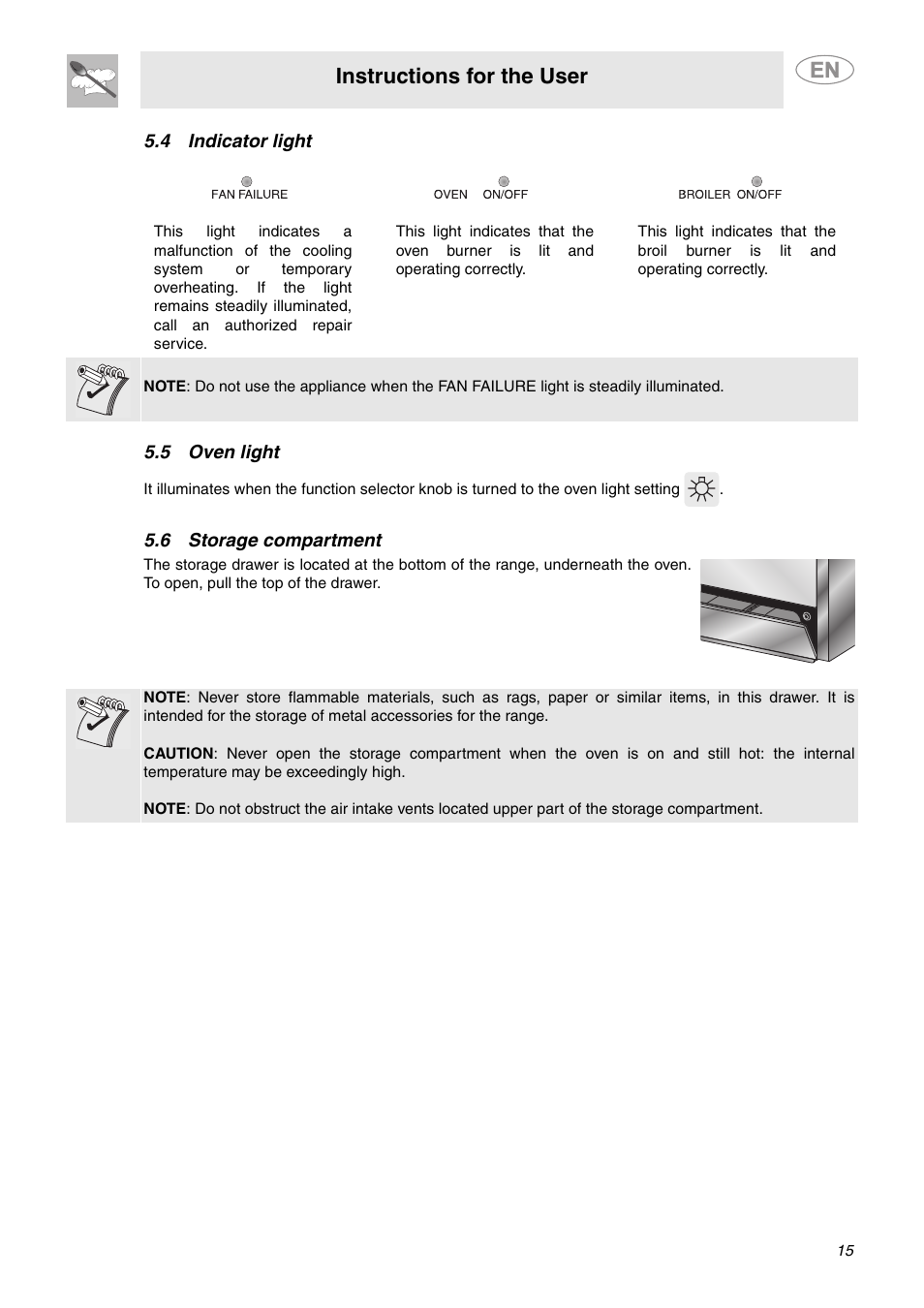 4 indicator light, 5 oven light, 6 storage compartment | Instructions for the user | Smeg C6GGXU User Manual | Page 13 / 22