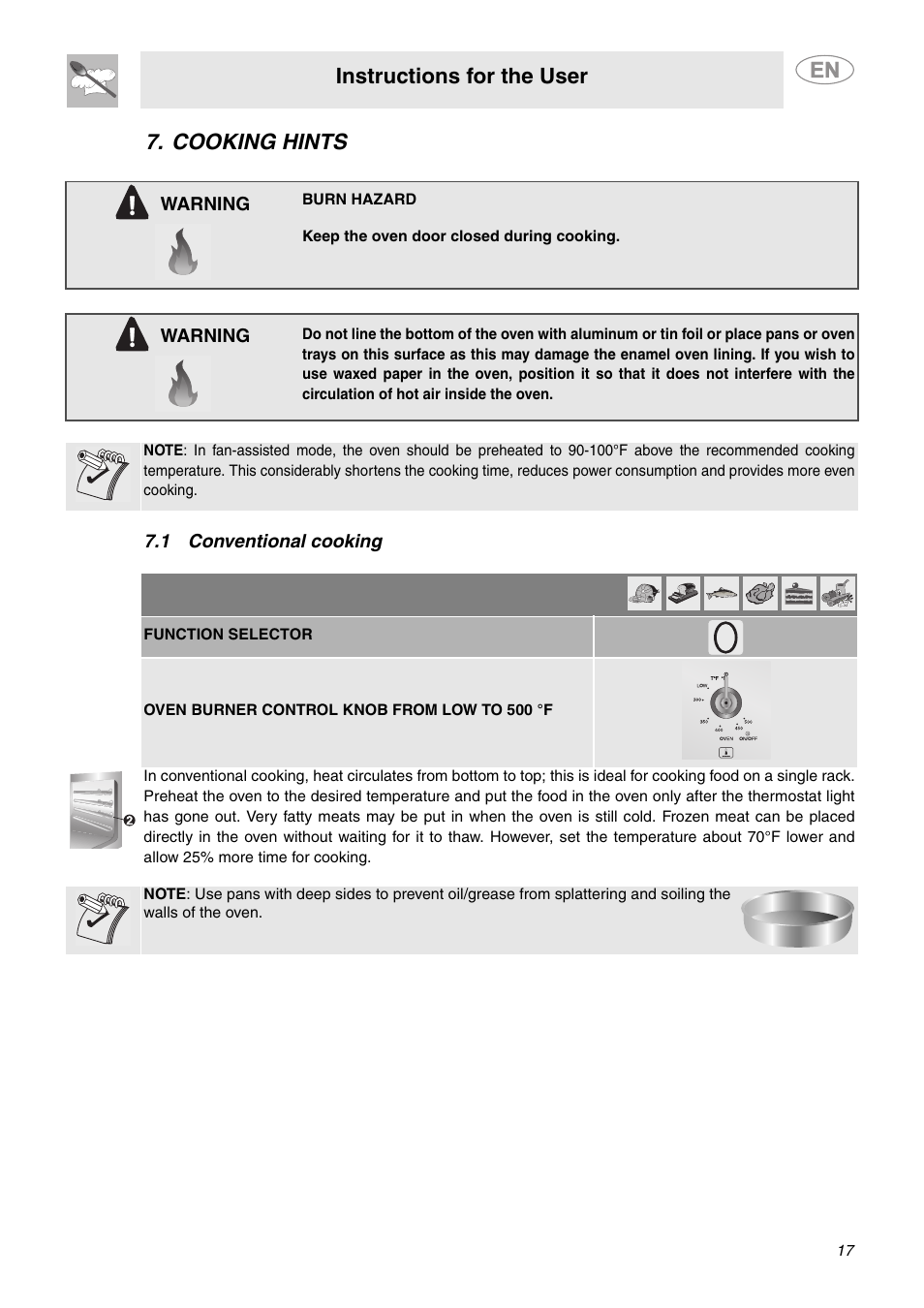 Cooking hints, 1 conventional cooking, Instructions for the user | Warning | Smeg C6GGXU User Manual | Page 15 / 22