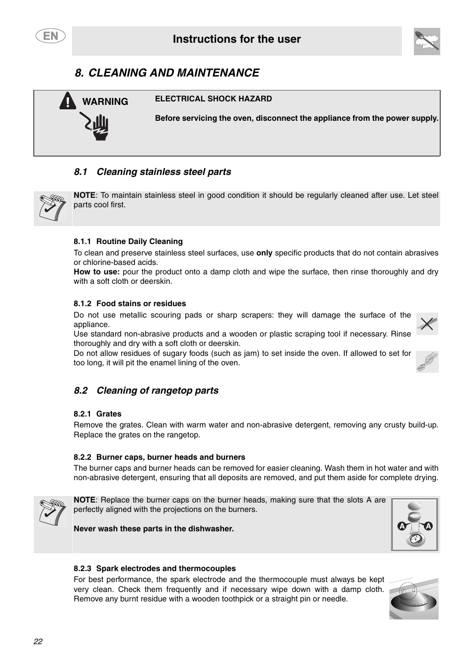 Cleaning and maintenance, 1 cleaning stainless steel parts, 1 routine daily cleaning | 2 food stains or residues, 2 cleaning of rangetop parts, 1 grates, 2 burner caps, burner heads and burners, 3 spark electrodes and thermocouples, Instructions for the user | Smeg C6GGXU User Manual | Page 20 / 22