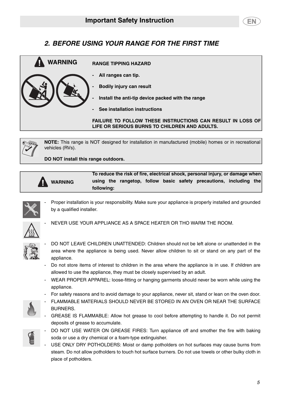 Before using your range for the first time, Important safety instruction, Warning | Smeg C6GGXU User Manual | Page 3 / 22