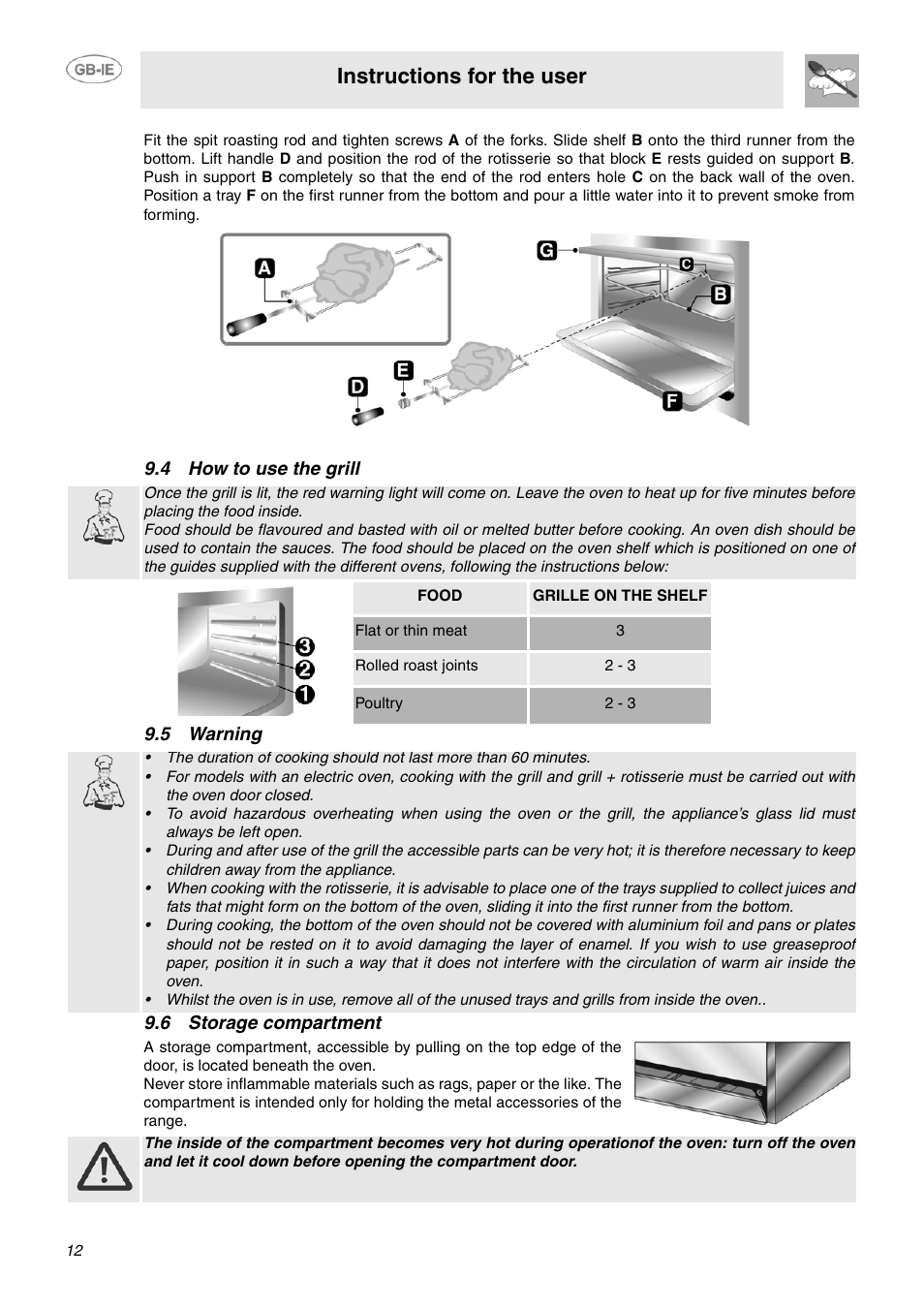 4 how to use the grill, 5 warning, 6 storage compartment | Instructions for the user | Smeg SUK61CPX5 User Manual | Page 10 / 20