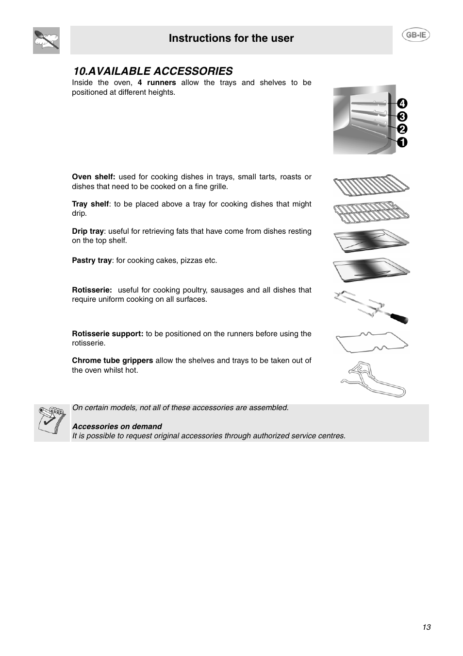 Available accessories, Instructions for the user | Smeg SUK61CPX5 User Manual | Page 11 / 20