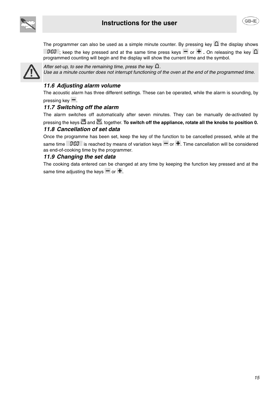 6 adjusting alarm volume, 7 switching off the alarm, 8 cancellation of set data | 9 changing the set data, Instructions for the user | Smeg SUK61CPX5 User Manual | Page 13 / 20