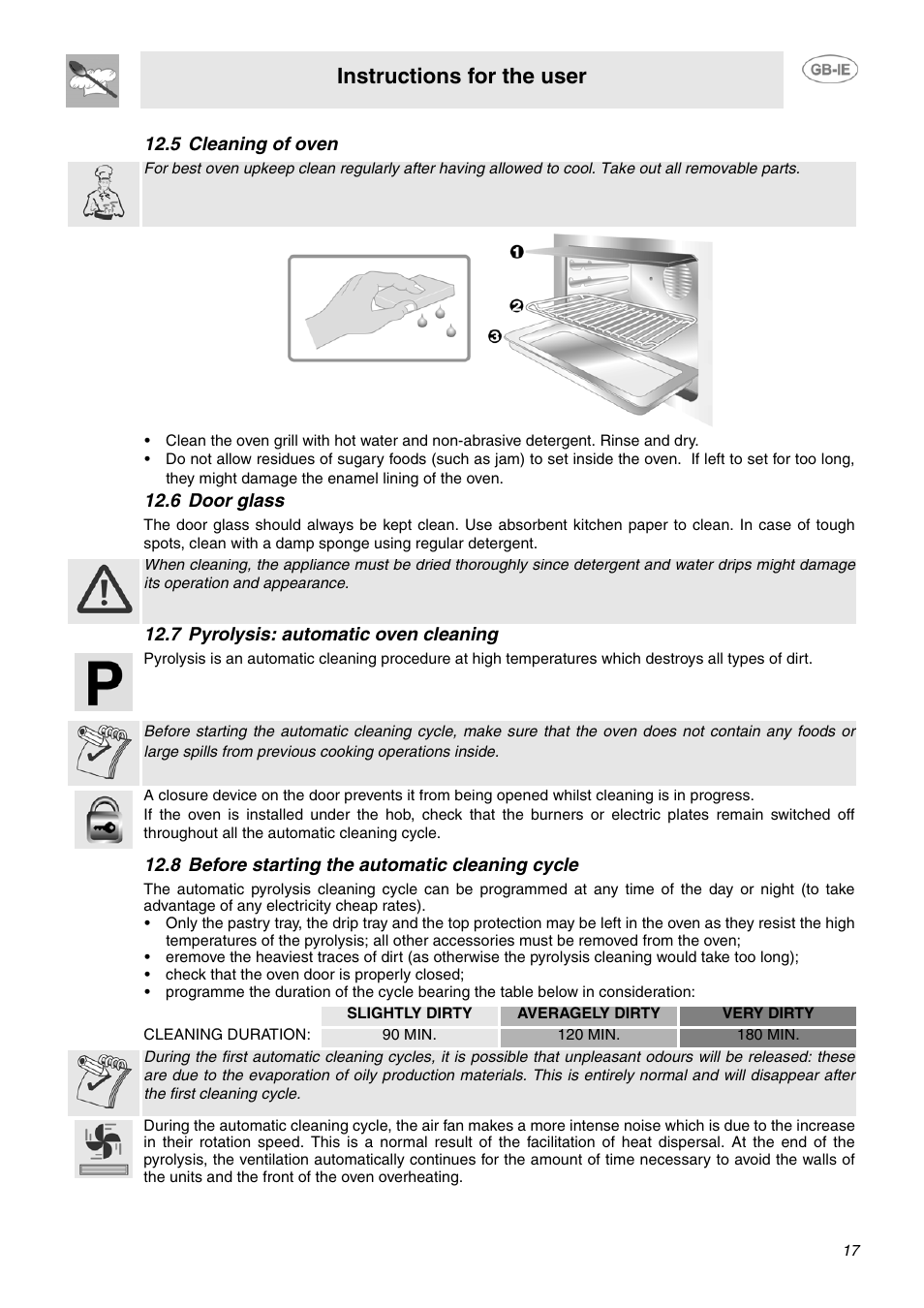 5 cleaning of oven, 6 door glass, 7 pyrolysis: automatic oven cleaning | 8 before starting the automatic cleaning cycle, Instructions for the user | Smeg SUK61CPX5 User Manual | Page 15 / 20