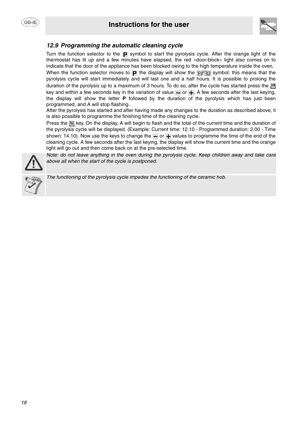 9 programming the automatic cleaning cycle, Instructions for the user | Smeg SUK61CPX5 User Manual | Page 16 / 20