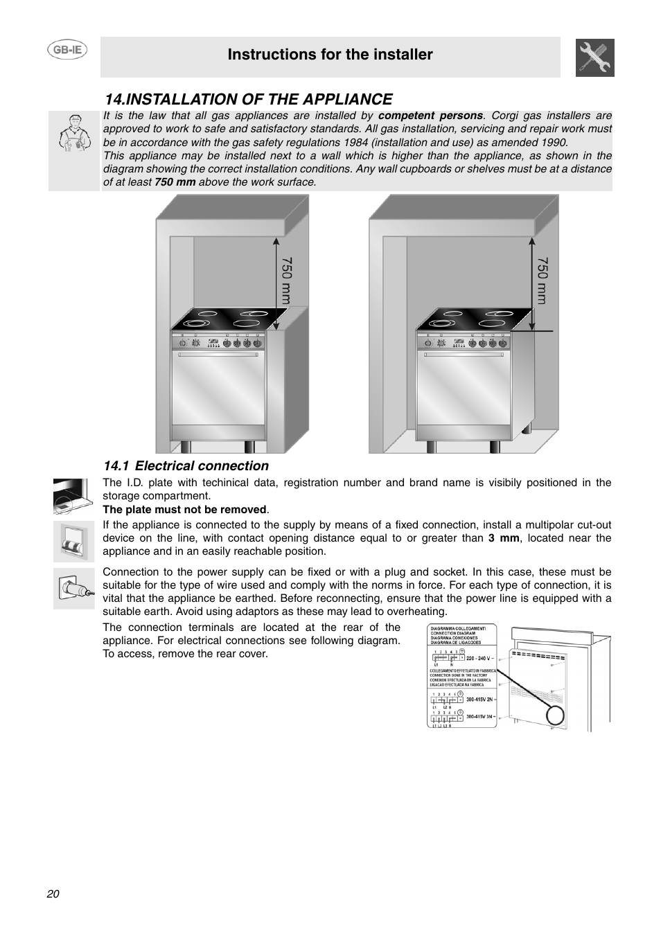 Installation of the appliance, 1 electrical connection, Instructions for the installer | Smeg SUK61CPX5 User Manual | Page 18 / 20