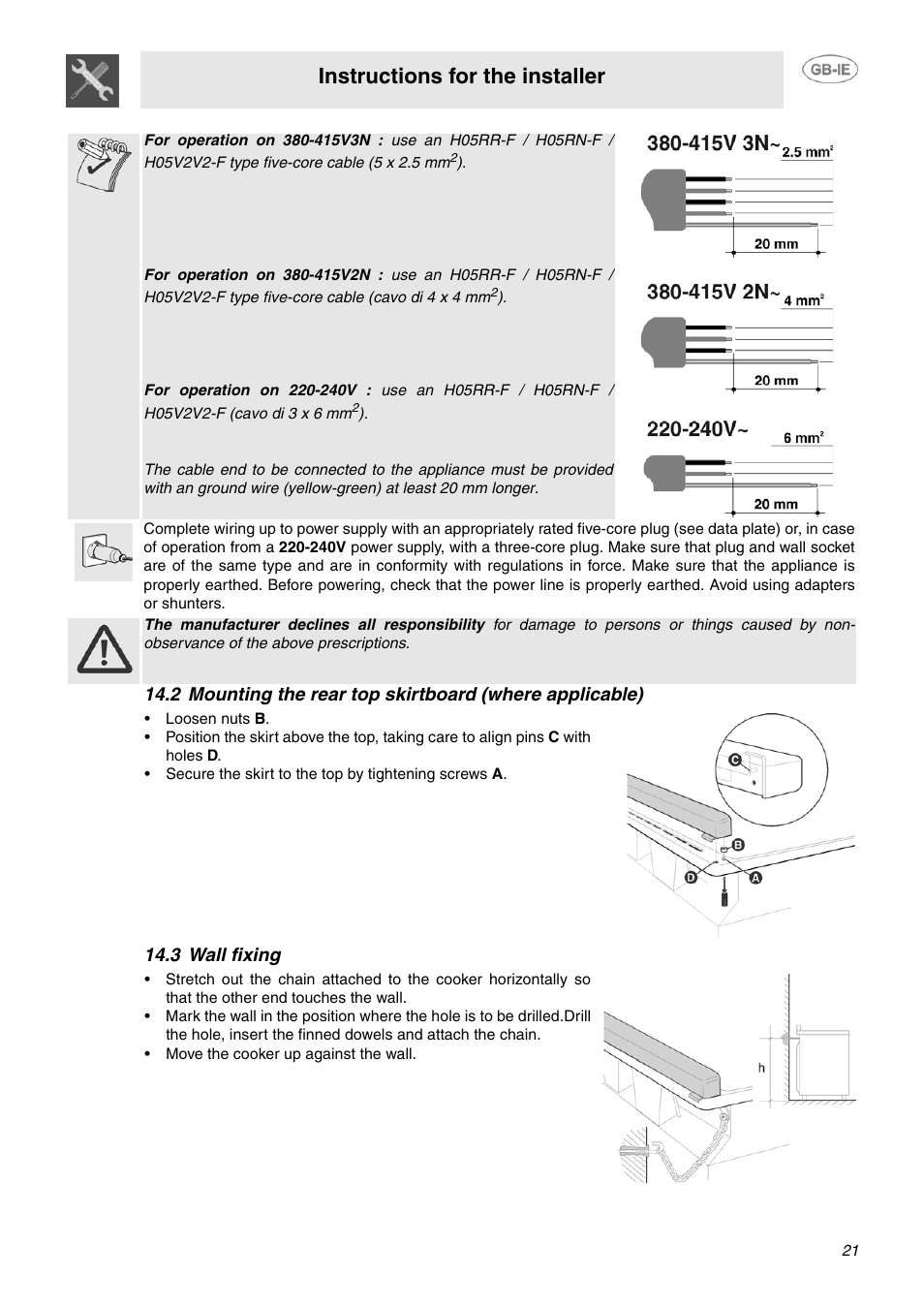 3 wall fixing, Instructions for the installer | Smeg SUK61CPX5 User Manual | Page 19 / 20