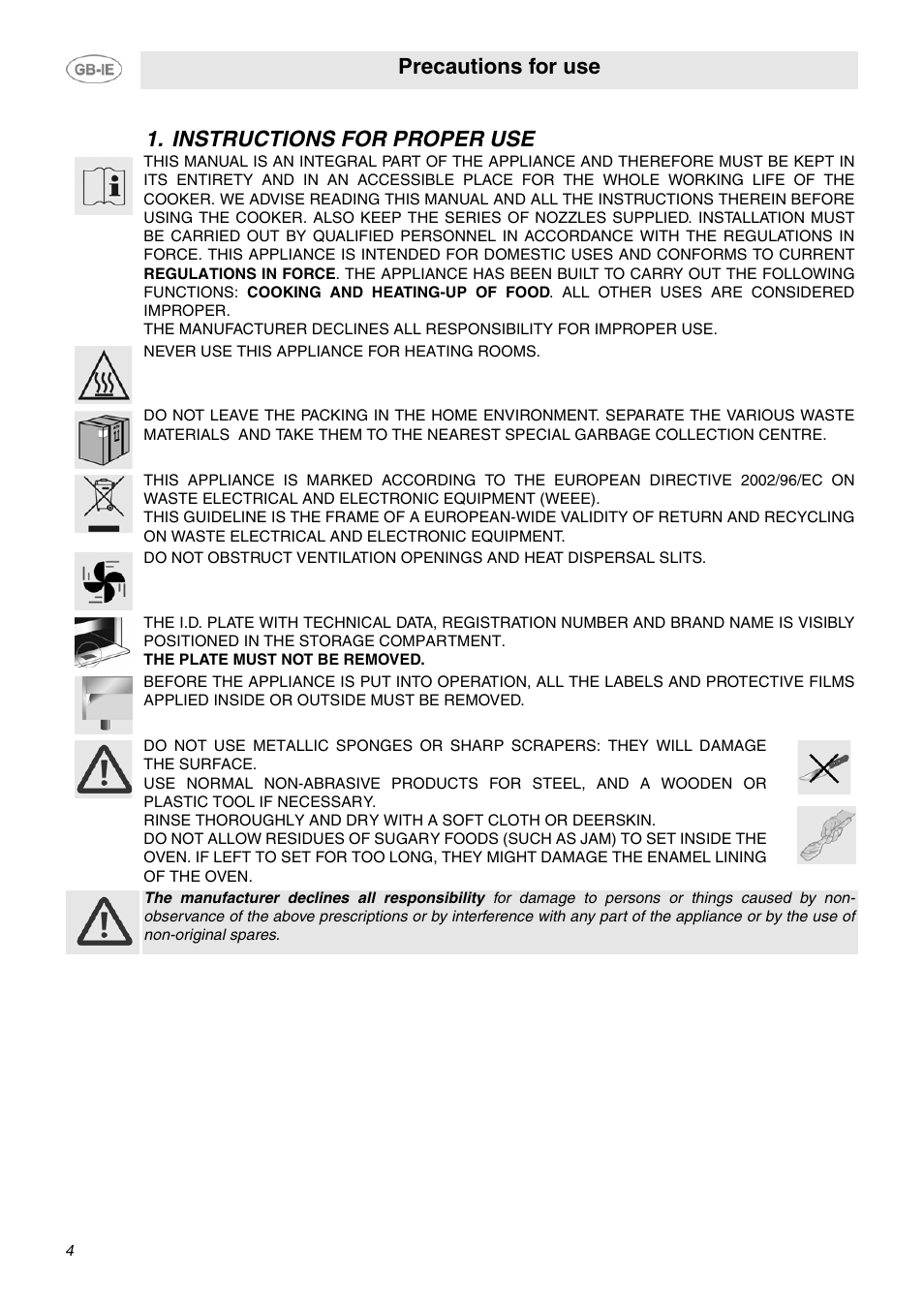 Instructions for proper use, Precautions for use | Smeg SUK61CPX5 User Manual | Page 2 / 20