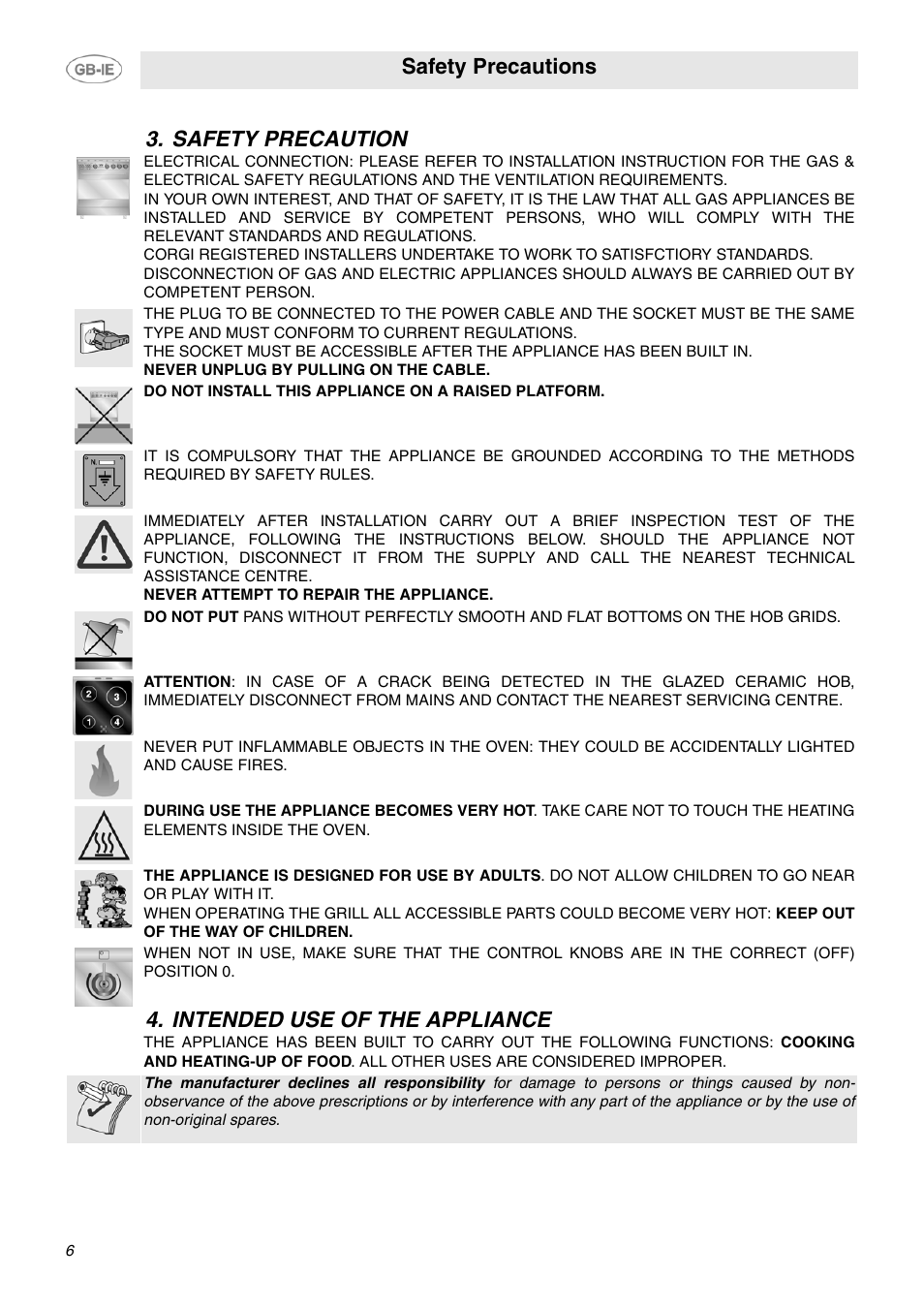 Safety precaution, Intended use of the appliance, Safety precaution 4. intended use of the appliance | Safety precautions | Smeg SUK61CPX5 User Manual | Page 4 / 20