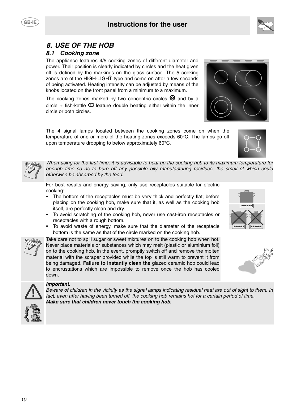 Use of the hob, 1 cooking zone, Instructions for the user | Smeg SUK61CPX5 User Manual | Page 8 / 20