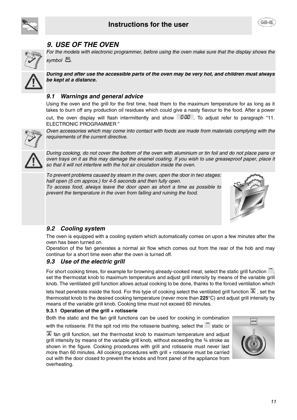 Use of the oven, 1 warnings and general advice, 2 cooling system | 3 use of the electric grill, 1 operation of the grill + rotisserie, Instructions for the user | Smeg SUK61CPX5 User Manual | Page 9 / 20