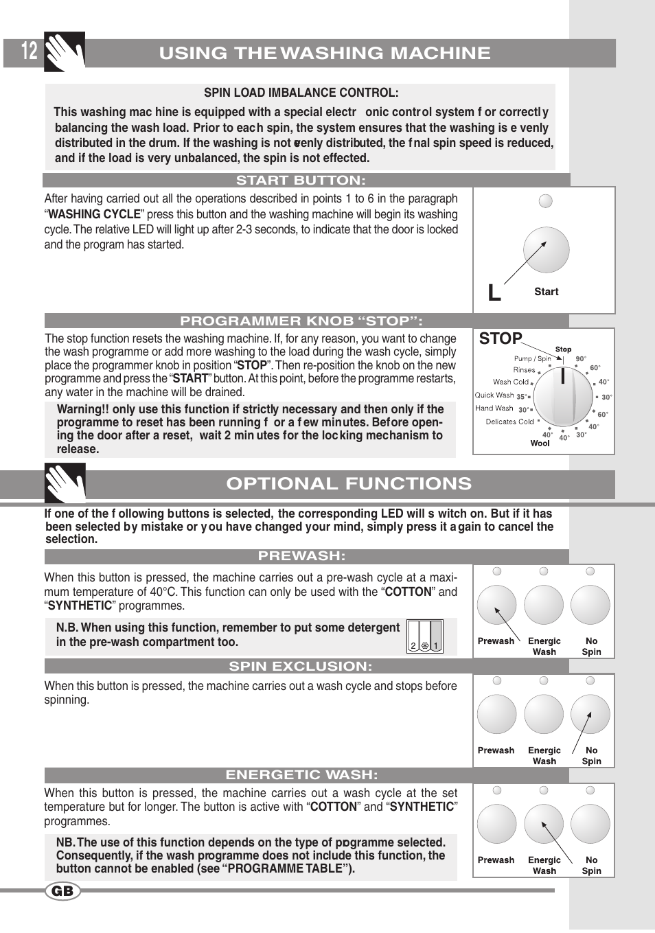 Using the washing machine, Optional functions, Stop | Smeg SWM65EG User Manual | Page 11 / 15