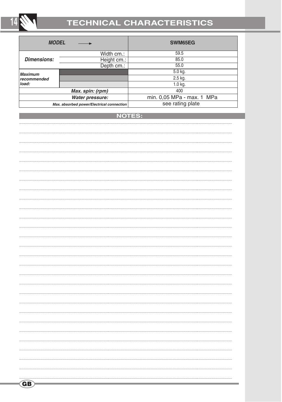 Technical characteristics, See rating plate model | Smeg SWM65EG User Manual | Page 13 / 15