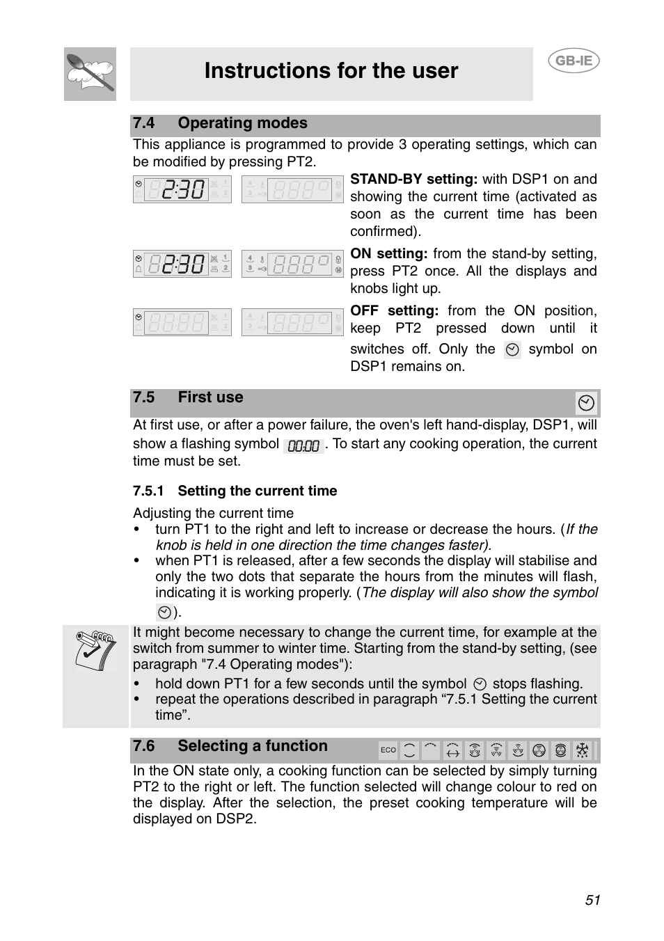 4 operating modes, 5 first use, 1 setting the current time | 6 selecting a function, Instructions for the user | Smeg SC112-2 User Manual | Page 10 / 39
