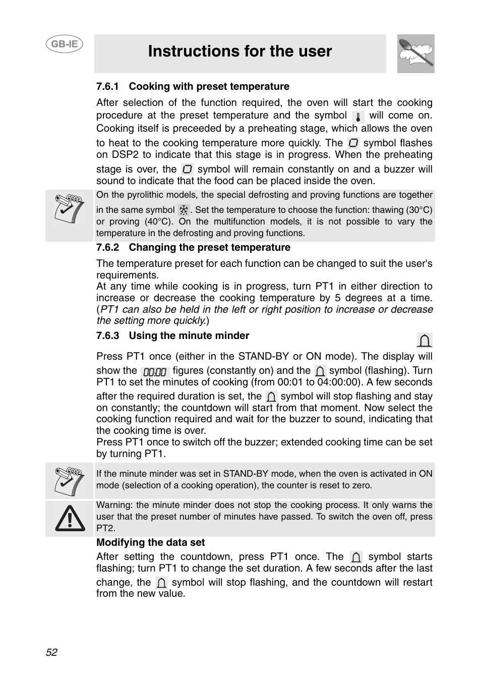 1 cooking with preset temperature, 2 changing the preset temperature, 3 using the minute minder | Instructions for the user | Smeg SC112-2 User Manual | Page 11 / 39