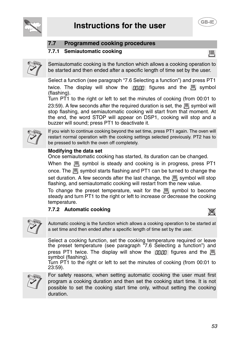7 programmed cooking procedures, 1 semiautomatic cooking, 2 automatic cooking | Instructions for the user | Smeg SC112-2 User Manual | Page 12 / 39