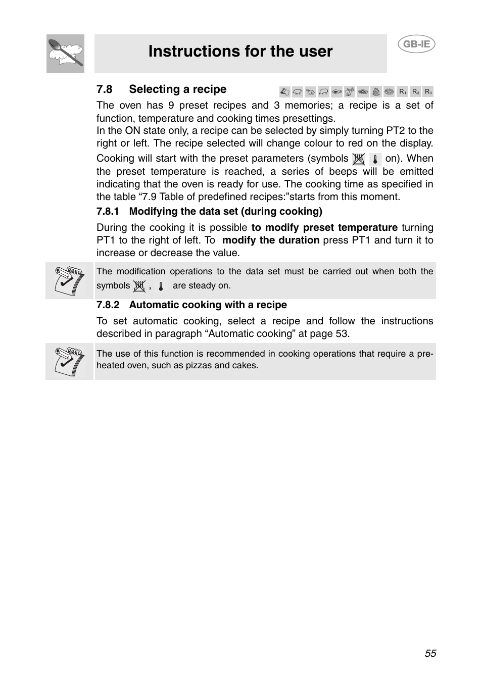 8 selecting a recipe, 1 modifying the data set (during cooking), 2 automatic cooking with a recipe | Instructions for the user | Smeg SC112-2 User Manual | Page 14 / 39