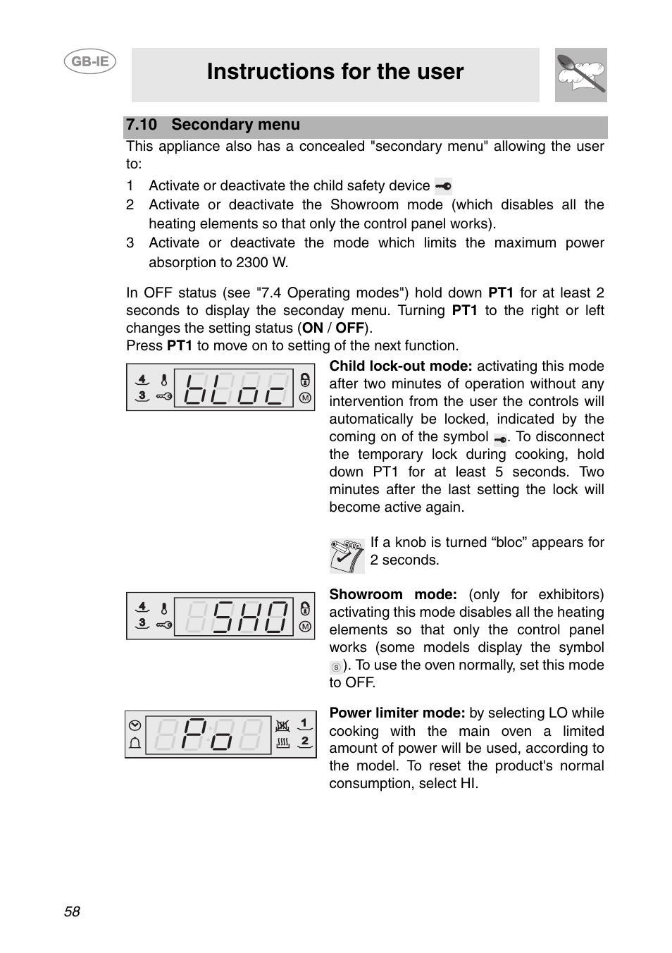 10 secondary menu, 1 activate or deactivate the child safety device, Instructions for the user | Smeg SC112-2 User Manual | Page 17 / 39