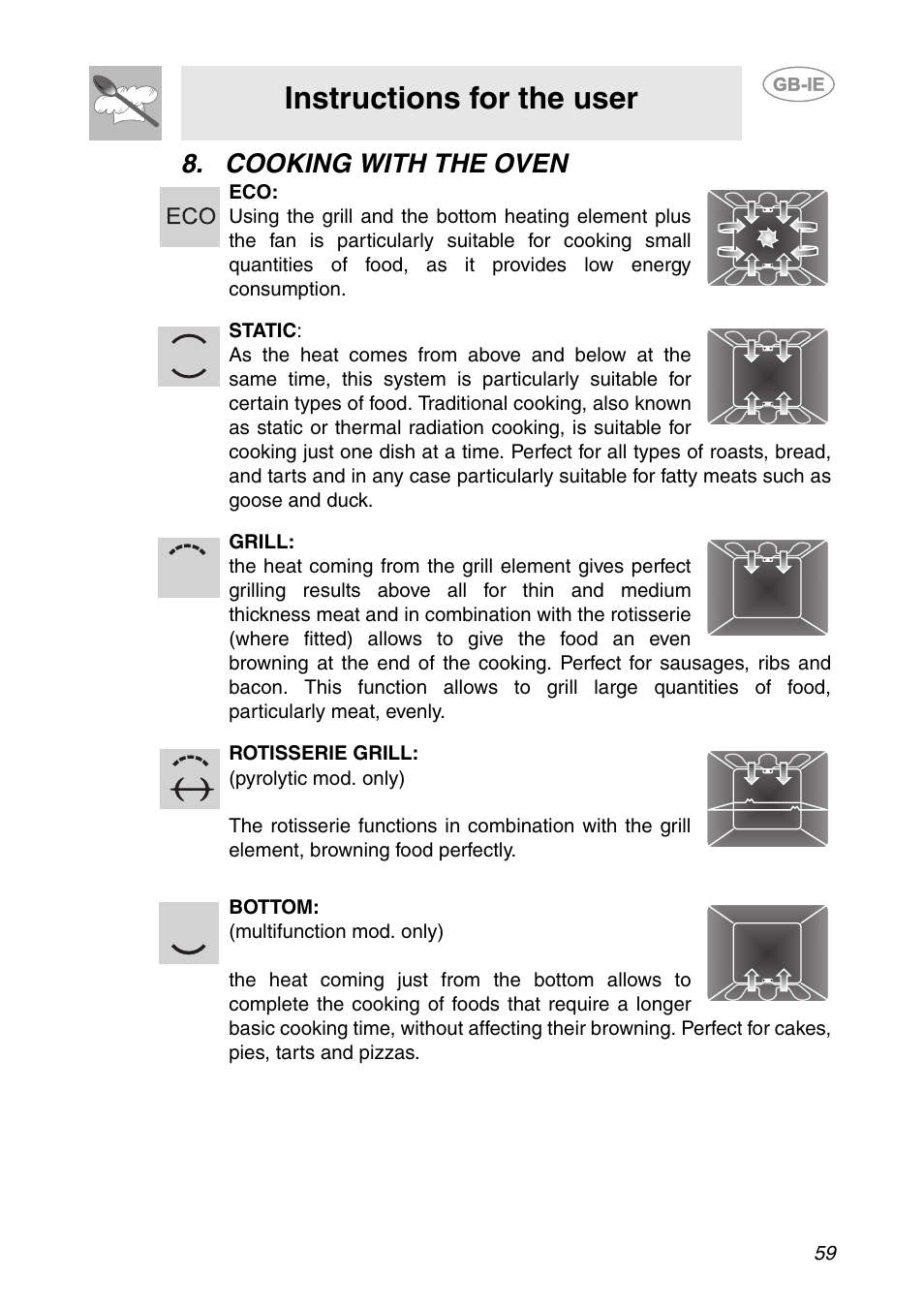 Cooking with the oven, Instructions for the user | Smeg SC112-2 User Manual | Page 18 / 39