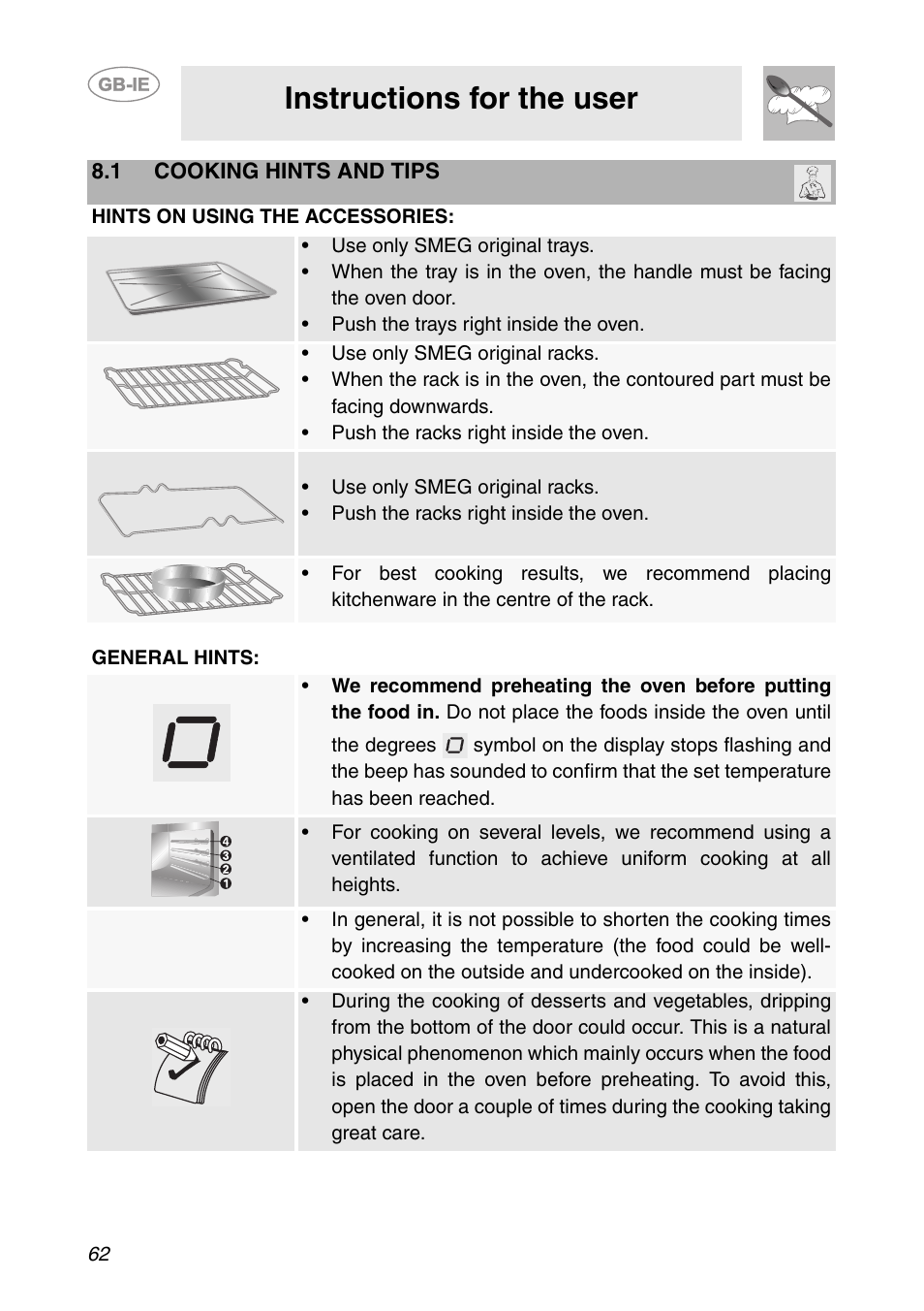 1 cooking hints and tips, Instructions for the user | Smeg SC112-2 User Manual | Page 21 / 39