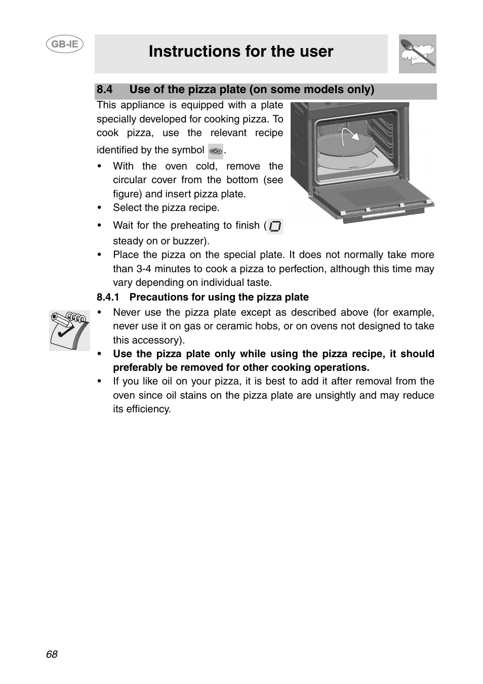 4 use of the pizza plate (on some models only), 1 precautions for using the pizza plate, Instructions for the user | Smeg SC112-2 User Manual | Page 27 / 39
