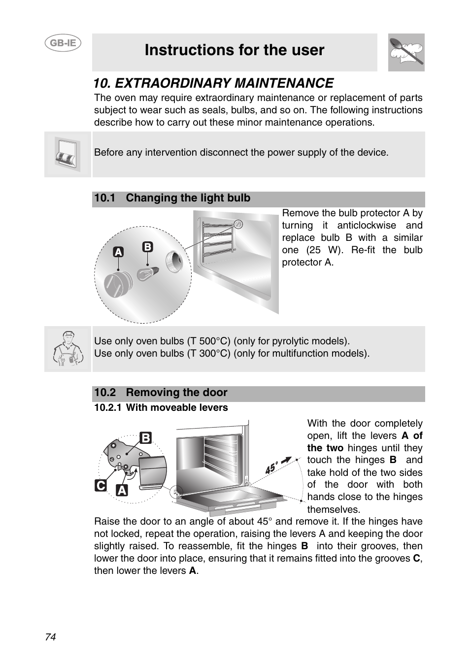 Extraordinary maintenance, 1 changing the light bulb, 2 removing the door | 1 with moveable levers, Instructions for the user | Smeg SC112-2 User Manual | Page 33 / 39