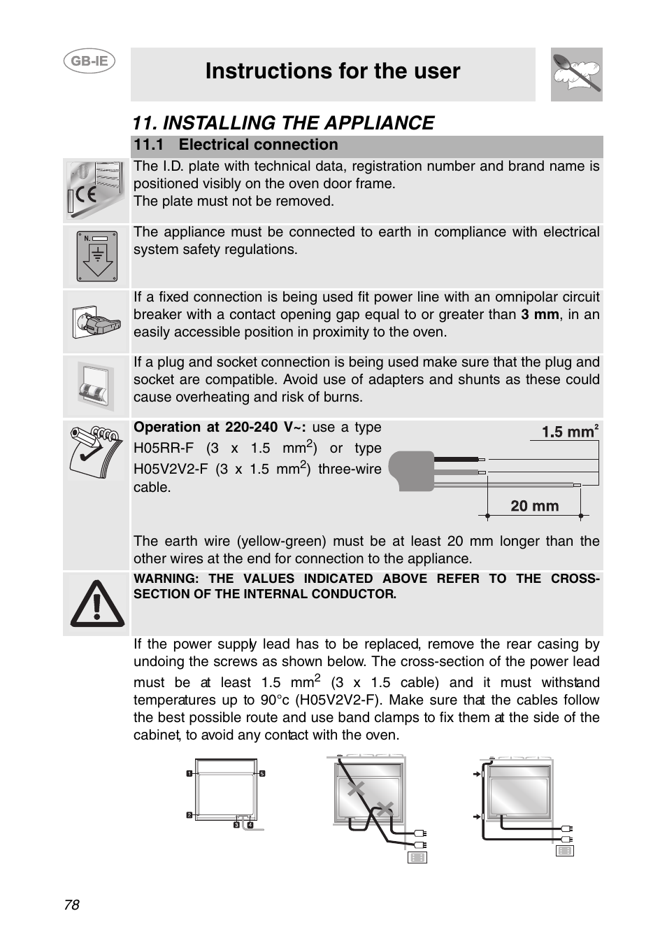 Installing the appliance, 1 electrical connection, Instructions for the user | Smeg SC112-2 User Manual | Page 37 / 39