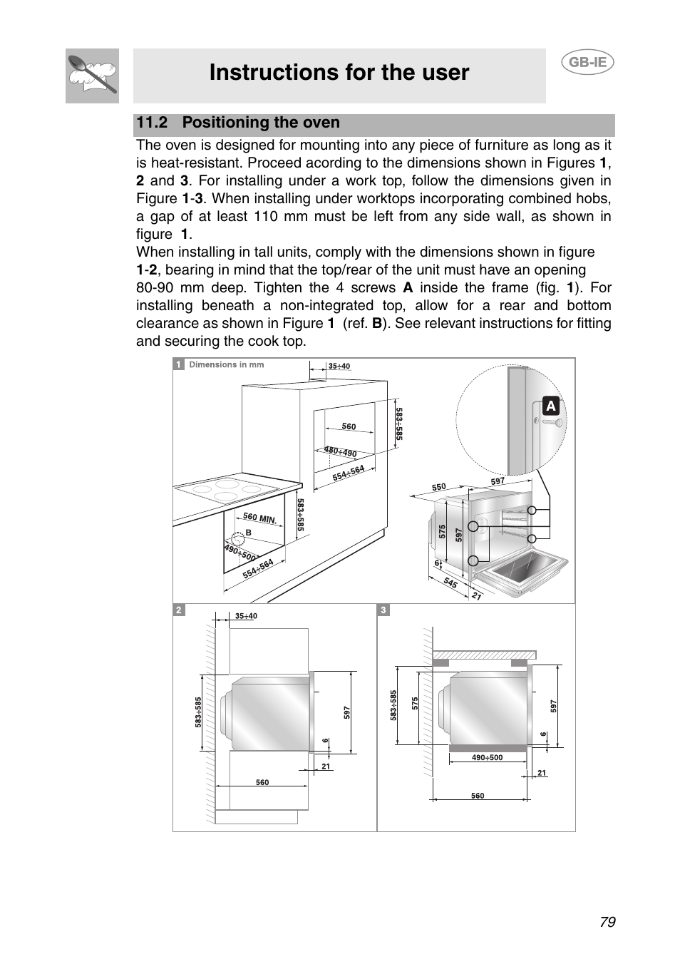 2 positioning the oven, Instructions for the user | Smeg SC112-2 User Manual | Page 38 / 39