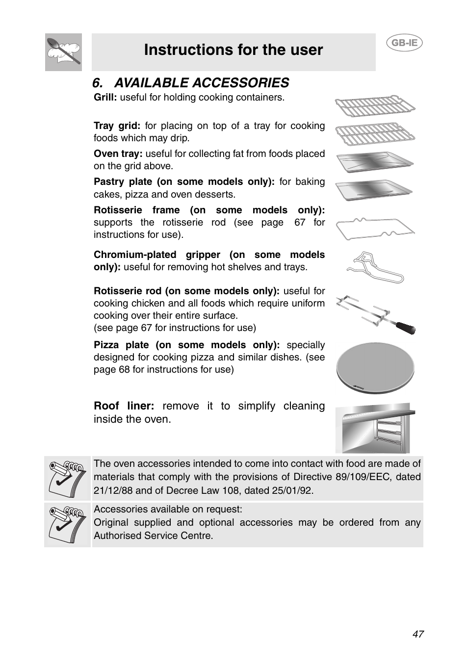 Available accessories, Instructions for the user | Smeg SC112-2 User Manual | Page 6 / 39