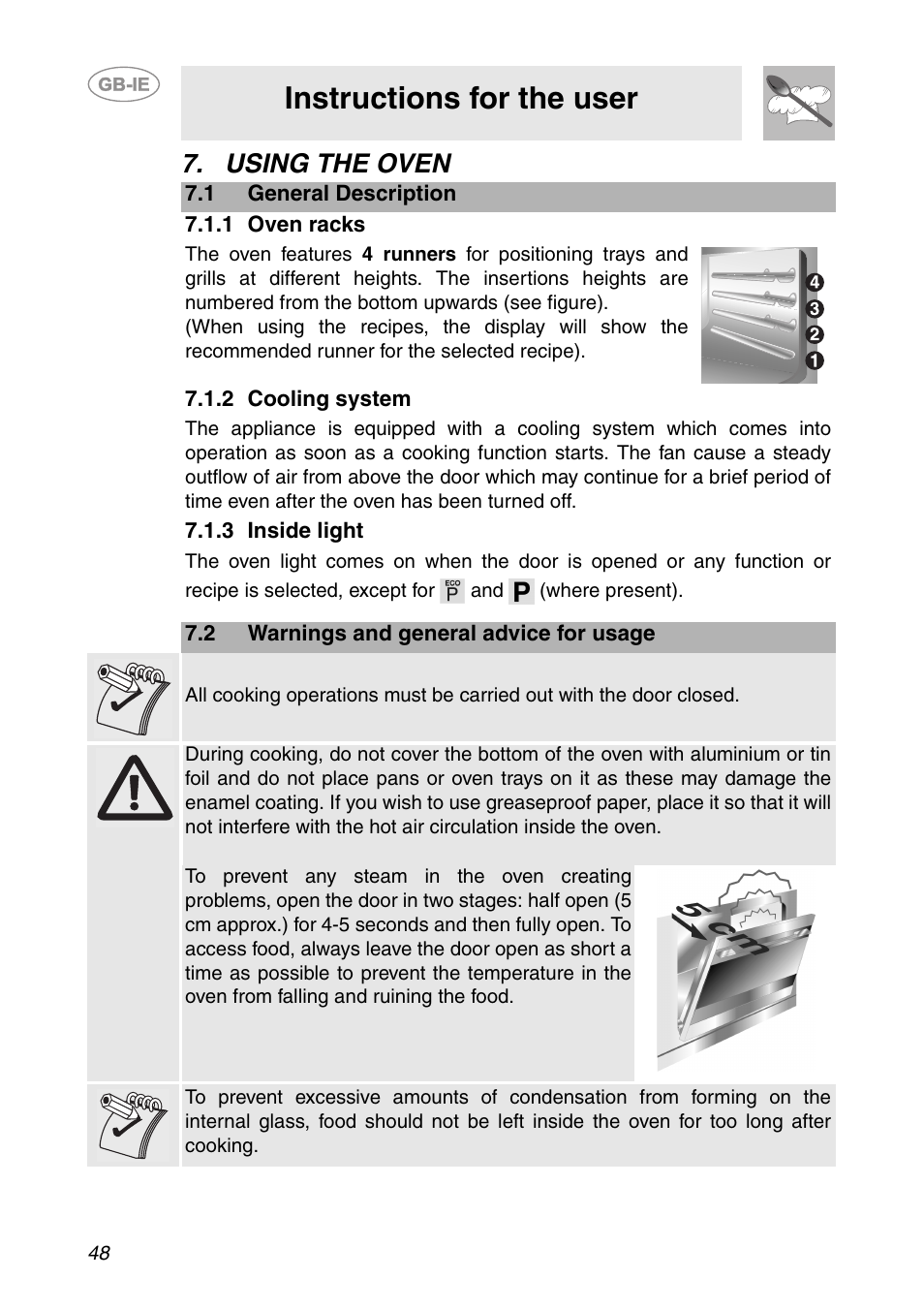 Using the oven, 1 general description, 1 oven racks | 2 cooling system, 3 inside light, 2 warnings and general advice for usage, Instructions for the user | Smeg SC112-2 User Manual | Page 7 / 39