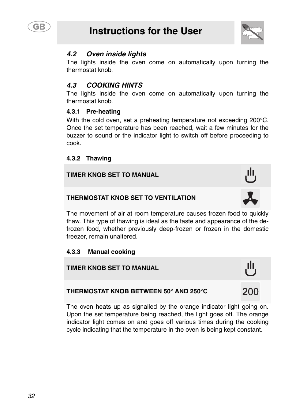 2 oven inside lights, 3 cooking hints, 1 pre-heating | 2 thawing, 3 manual cooking, Instructions for the user | Smeg ALFA341XM User Manual | Page 12 / 18