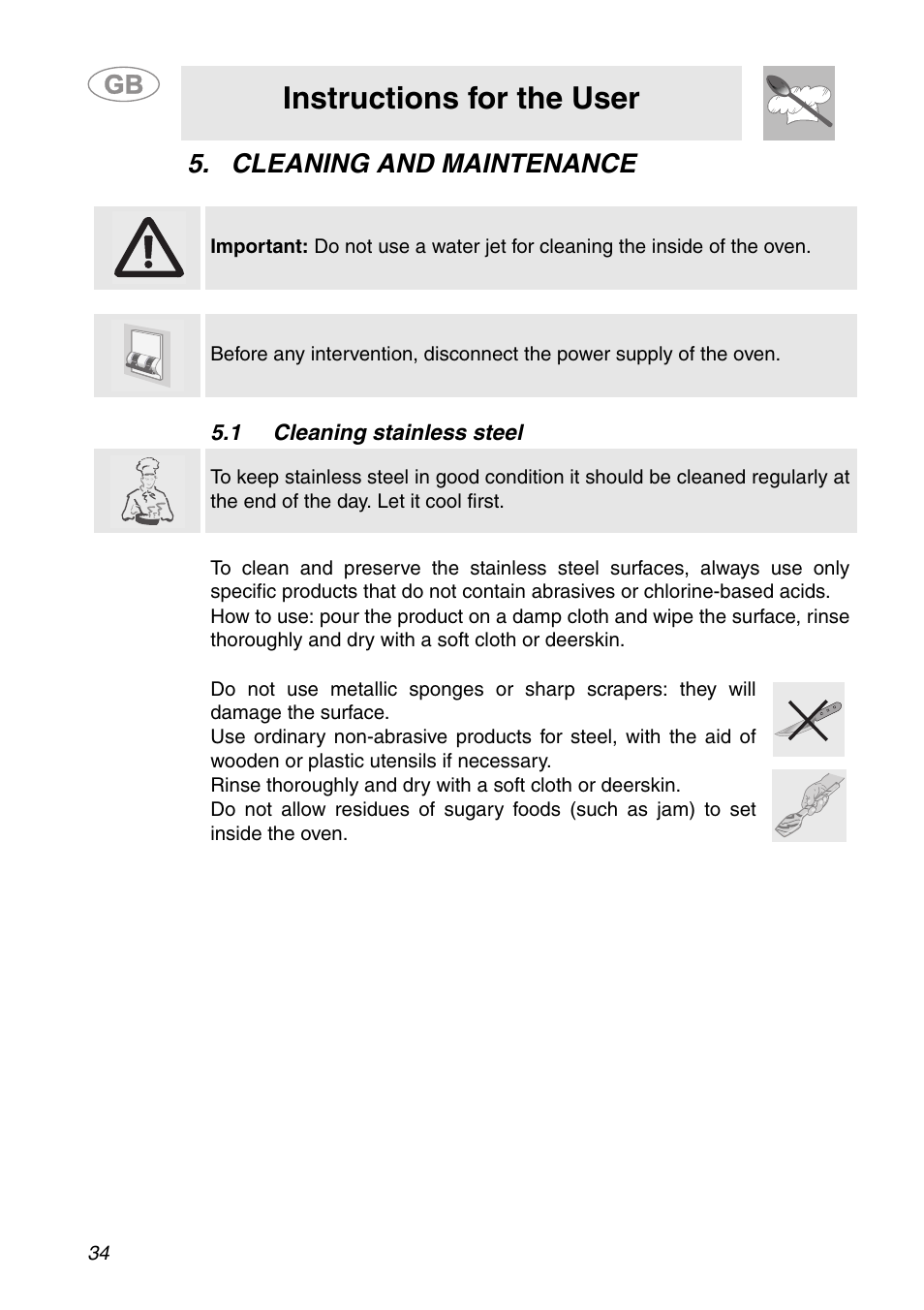 Cleaning and maintenance, 1 cleaning stainless steel, Instructions for the user | Smeg ALFA341XM User Manual | Page 14 / 18