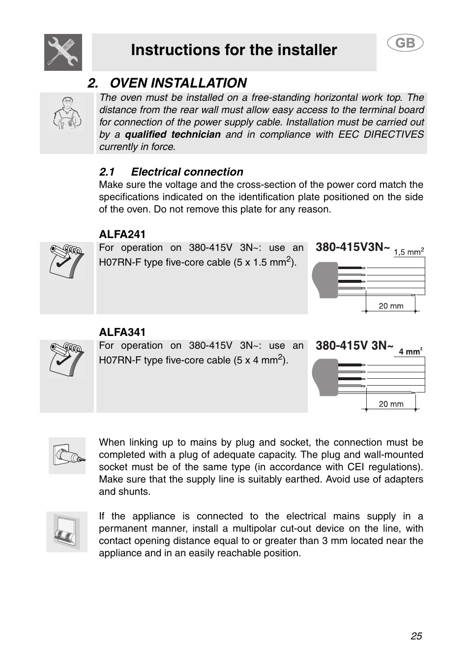 Oven installation, 1 electrical connection, Instructions for the installer | Smeg ALFA341XM User Manual | Page 5 / 18
