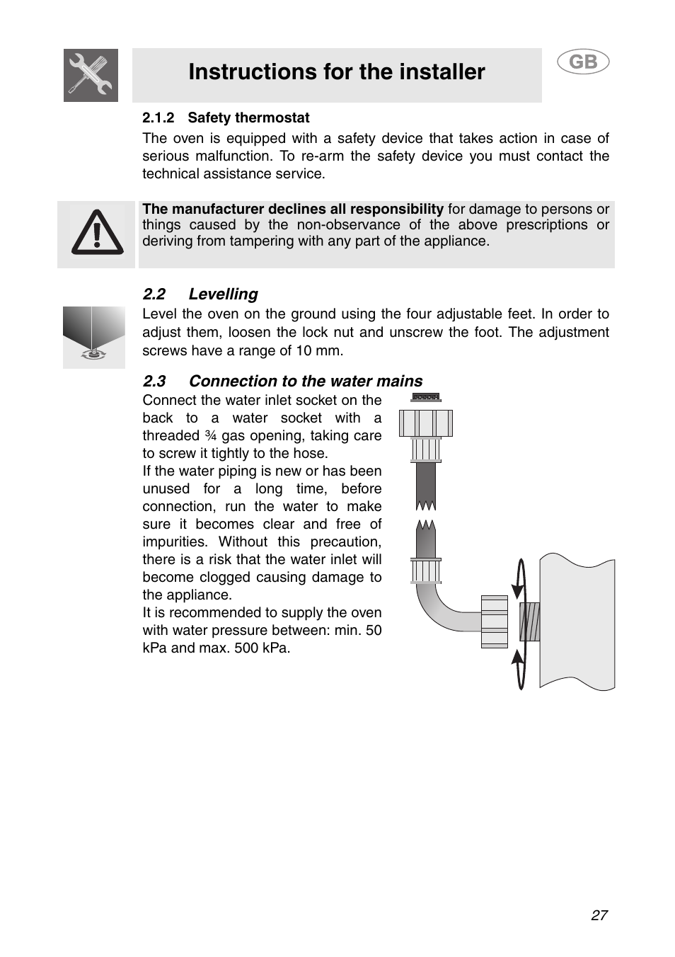 2 safety thermostat, 2 levelling, 3 connection to the water mains | Instructions for the installer | Smeg ALFA341XM User Manual | Page 7 / 18