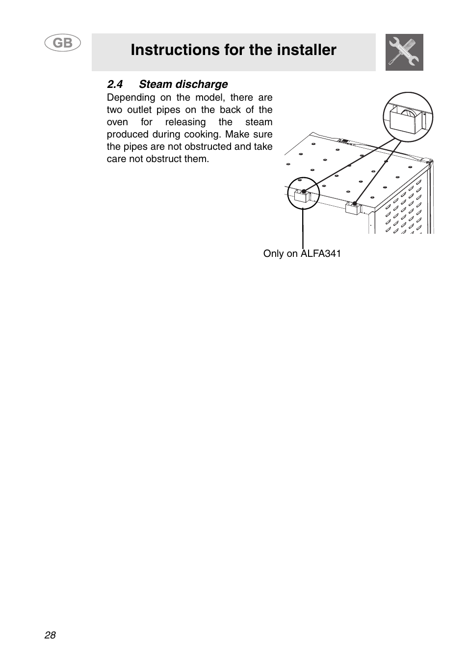 4 steam discharge, Instructions for the installer | Smeg ALFA341XM User Manual | Page 8 / 18