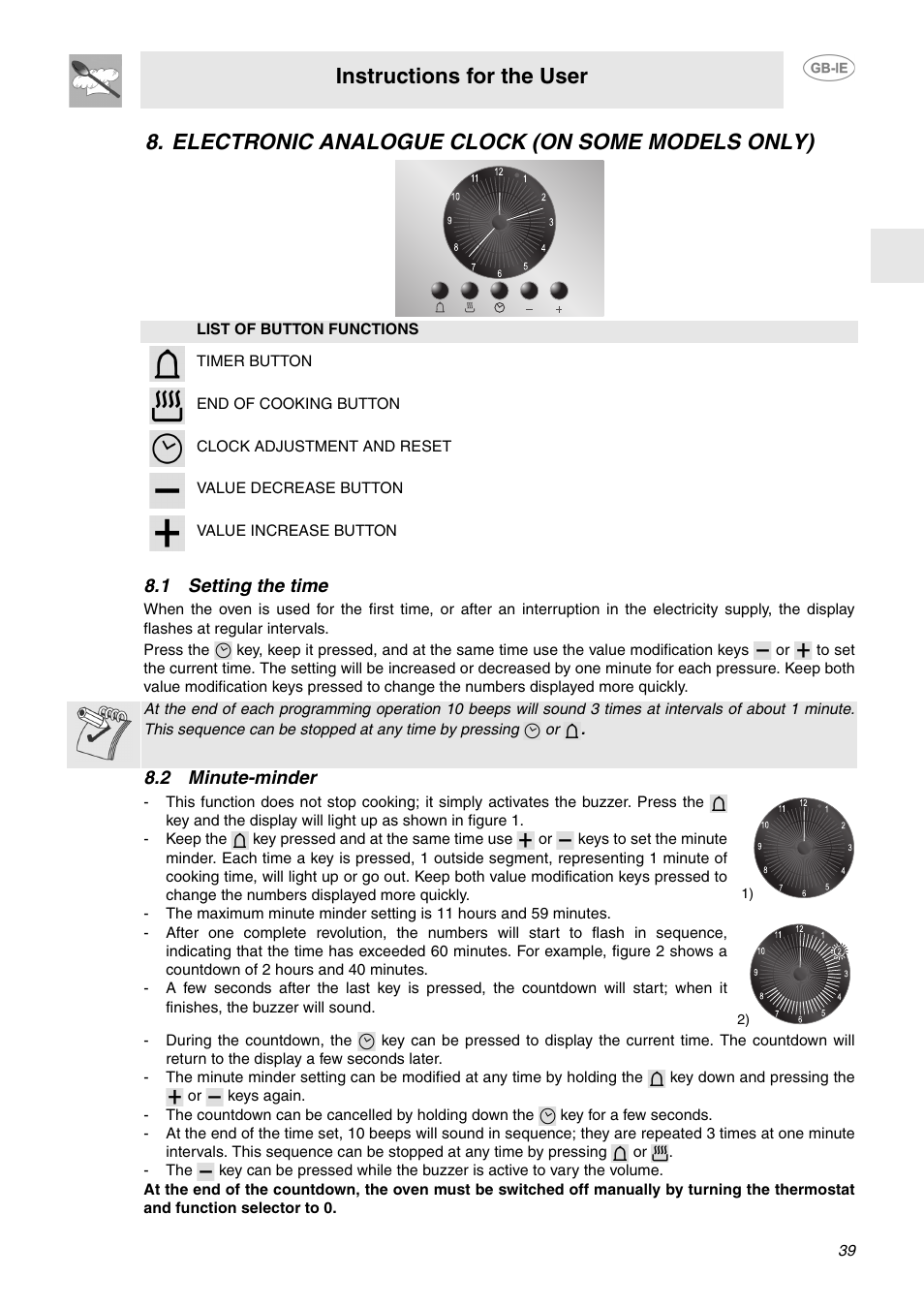 Electronic analogue clock (on some models only), 1 setting the time, 2 minute-minder | 1 setting the time 8.2 minute-minder, Instructions for the user | Smeg FP132X User Manual | Page 10 / 27