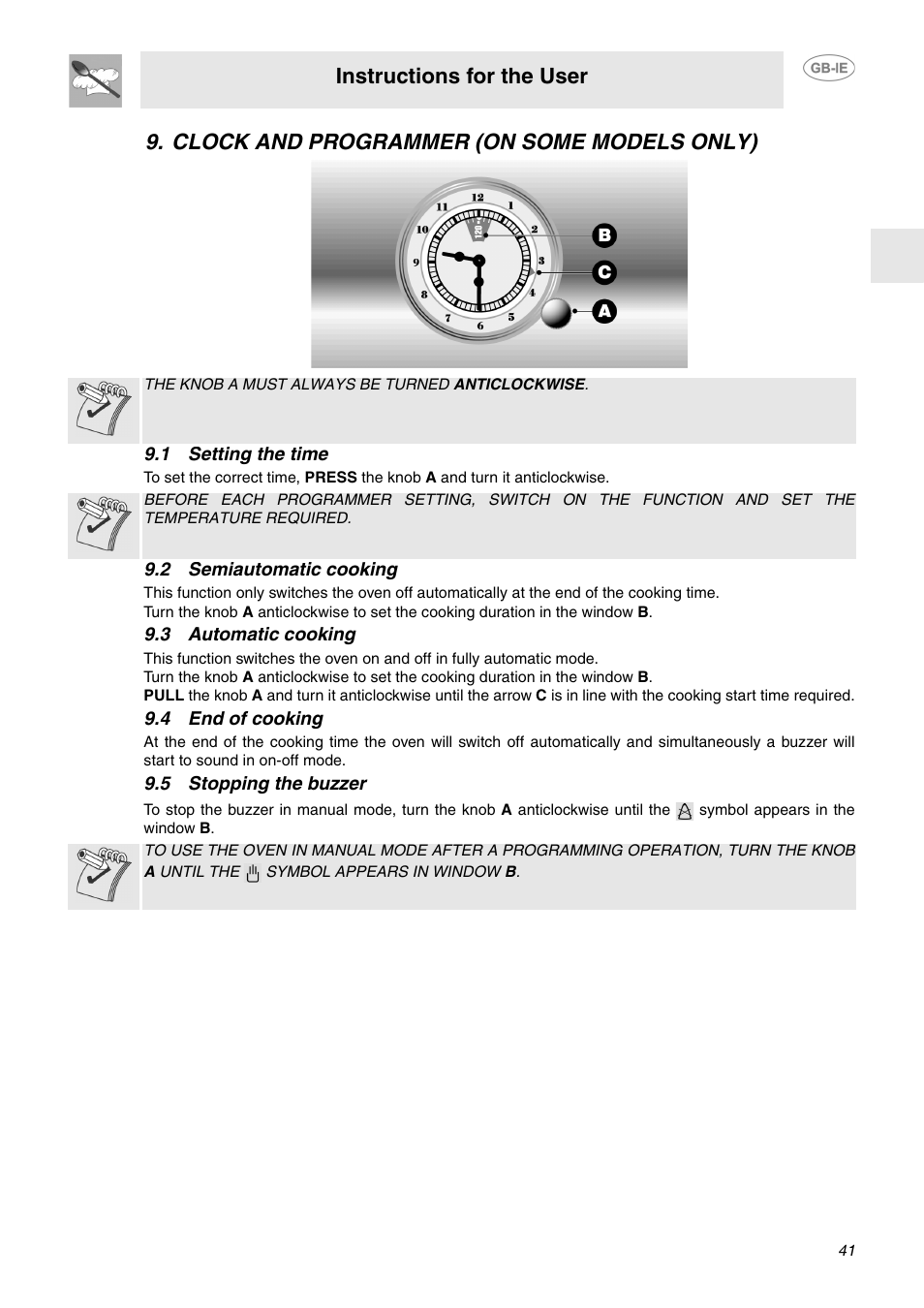 Clock and programmer (on some models only), 1 setting the time, 2 semiautomatic cooking | 3 automatic cooking, 4 end of cooking, 5 stopping the buzzer, Instructions for the user | Smeg FP132X User Manual | Page 12 / 27