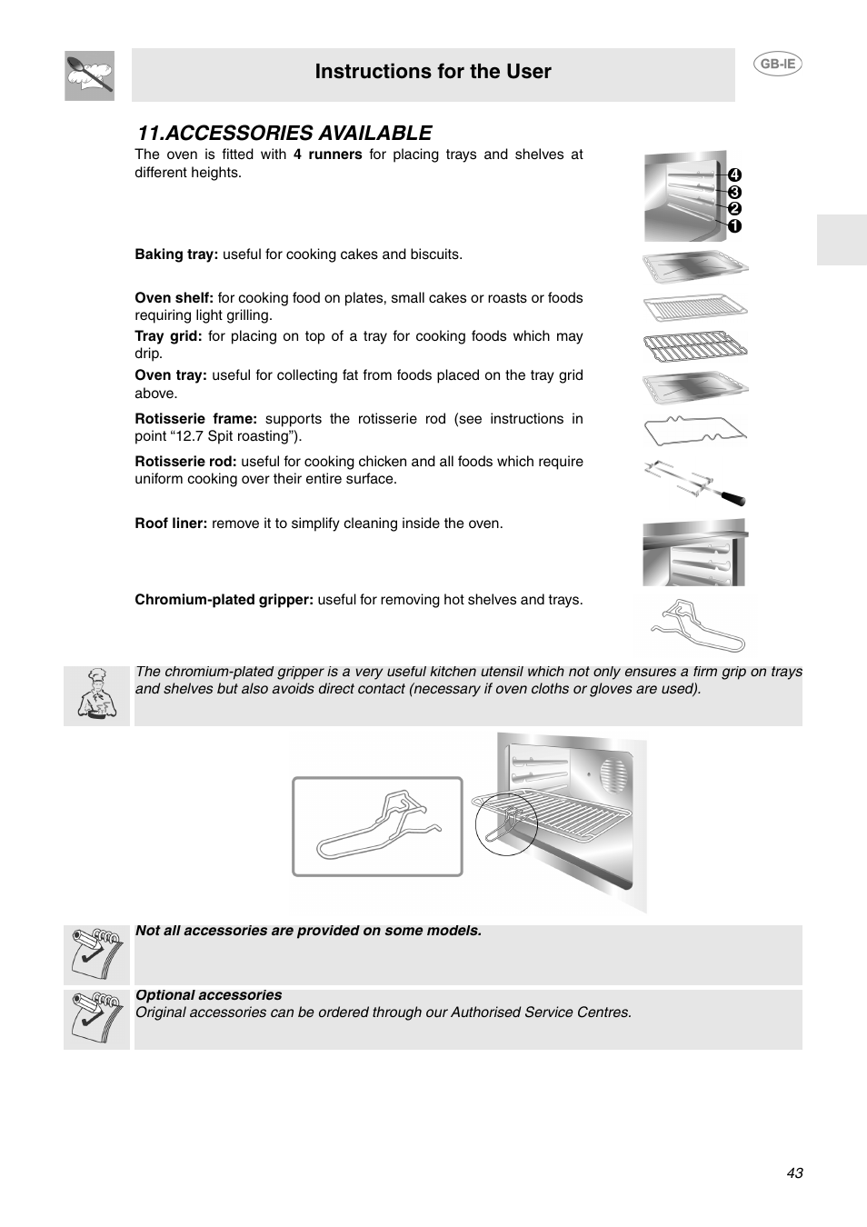 Accessories available, Instructions for the user | Smeg FP132X User Manual | Page 14 / 27