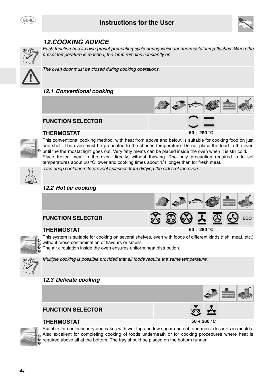 Cooking advice, 1 conventional cooking, 2 hot air cooking | 3 delicate cooking, Instructions for the user, Function selector, Thermostat | Smeg FP132X User Manual | Page 15 / 27