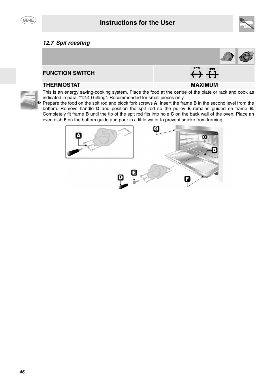 7 spit roasting, Instructions for the user | Smeg FP132X User Manual | Page 17 / 27