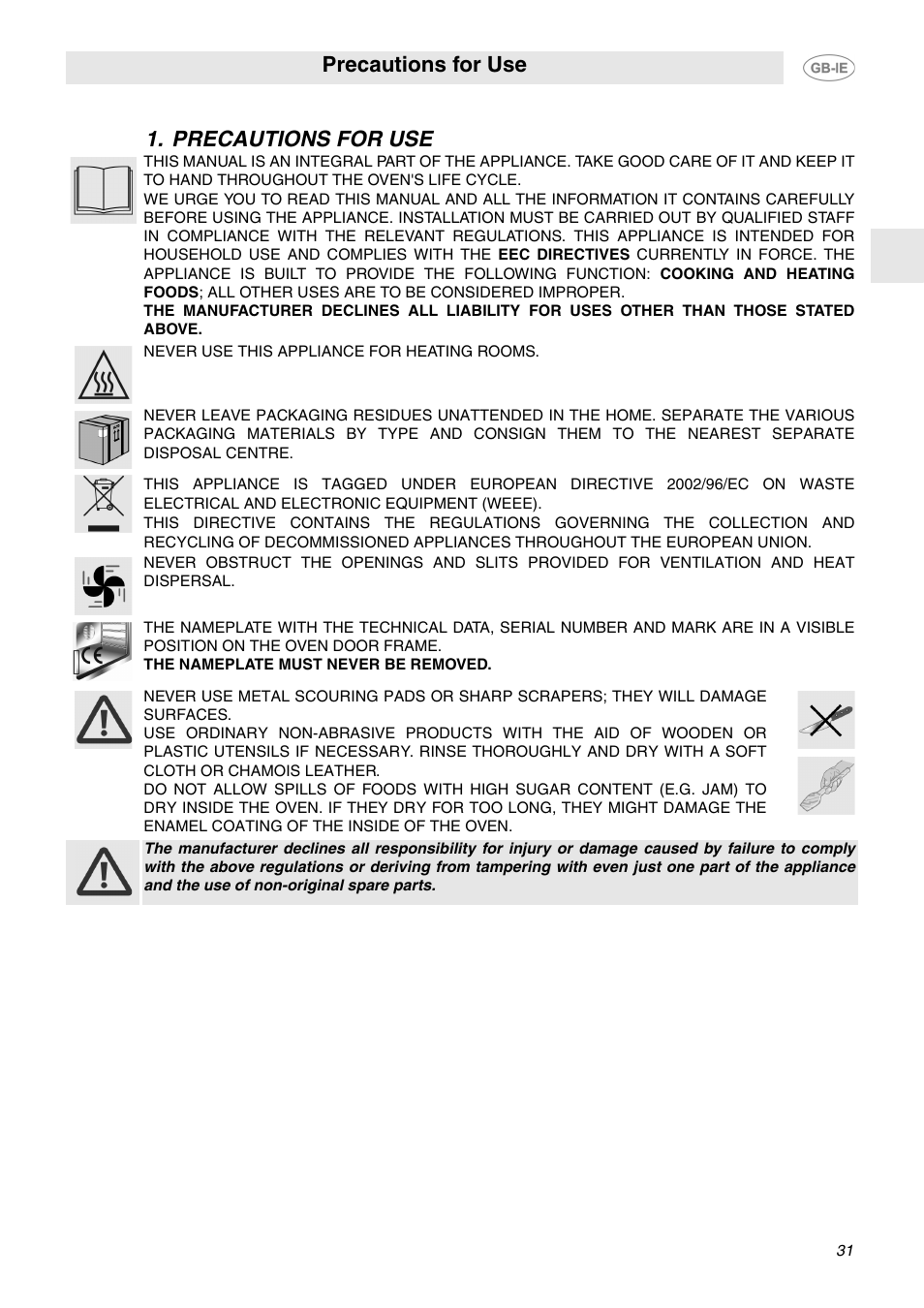 Precautions for use | Smeg FP132X User Manual | Page 2 / 27