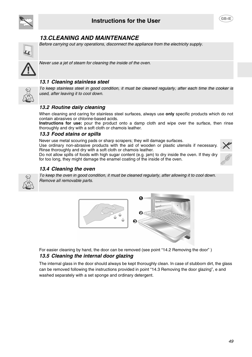 Cleaning and maintenance, 1 cleaning stainless steel, 2 routine daily cleaning | 3 food stains or spills, 4 cleaning the oven, 5 cleaning the internal door glazing, E "13. cleaning and maintenance, Instructions for the user | Smeg FP132X User Manual | Page 20 / 27