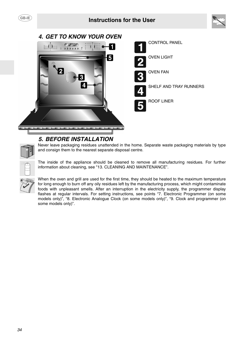 Get to know your oven, Before installation, Instructions for the user | Get to know your oven 5. before installation | Smeg FP132X User Manual | Page 5 / 27