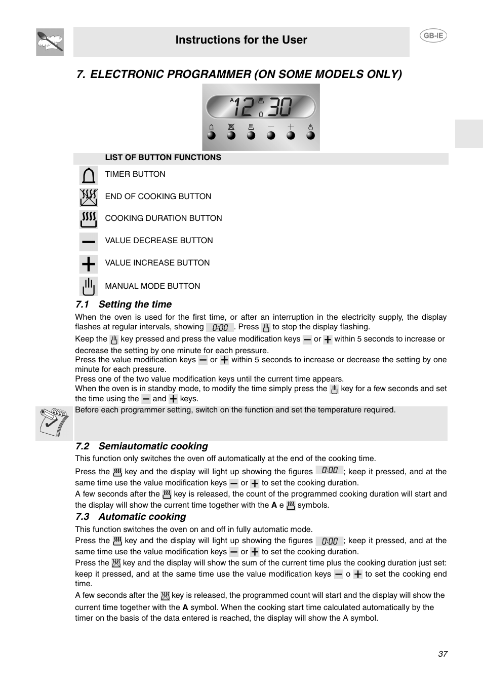Electronic programmer (on some models only), 1 setting the time, 2 semiautomatic cooking | 3 automatic cooking, Instructions for the user | Smeg FP132X User Manual | Page 8 / 27