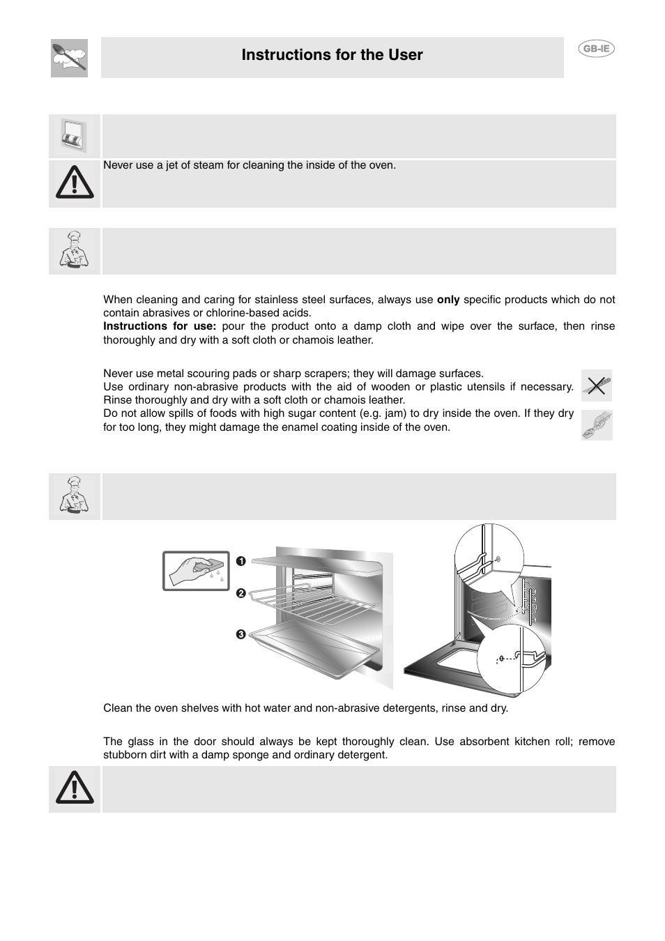 Cleaning and maintenance, 1 cleaning stainless steel, 2 routine daily cleaning | 3 food stains or spills, 4 cleaning the oven, 5 cleaning the door glazing, Instructions for the user | Smeg Electric Grill S340G User Manual | Page 13 / 14