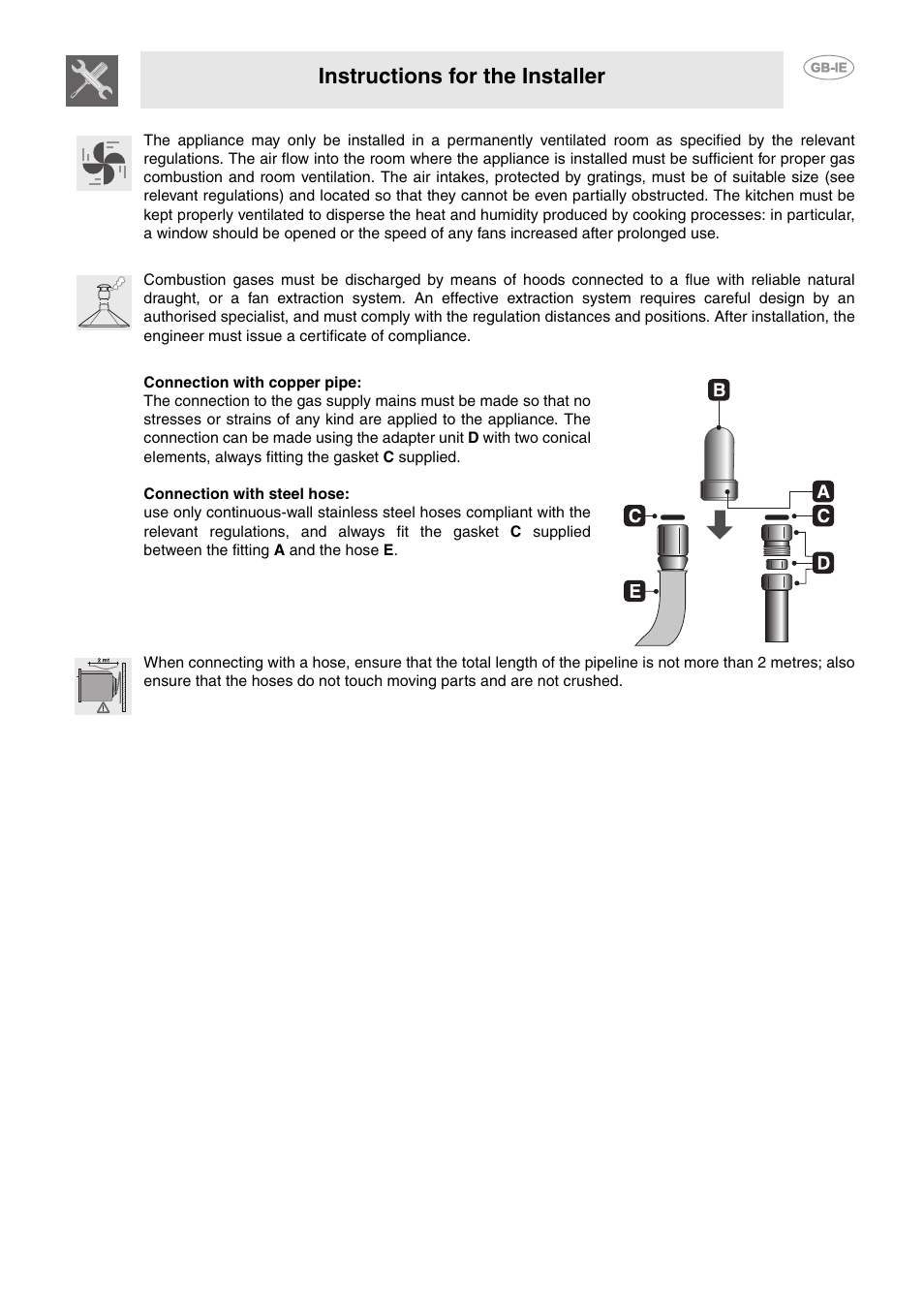 4 combustion gas discharge, 5 gas connection, Instructions for the installer | Smeg Electric Grill S340G User Manual | Page 7 / 14