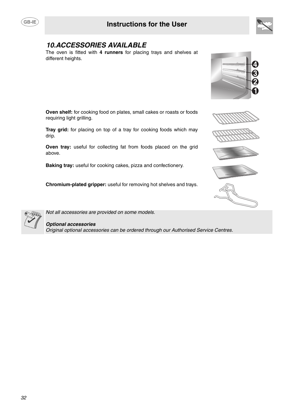 Accessories available, Instructions for the user | Smeg C6GMX User Manual | Page 10 / 19