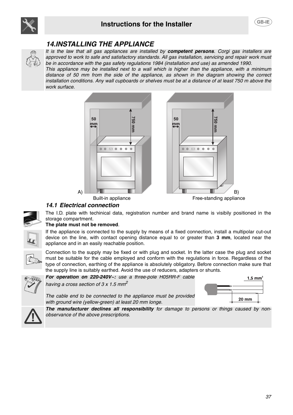 Installing the appliance, 1 electrical connection, Instructions for the installer | Smeg C6GMX User Manual | Page 15 / 19